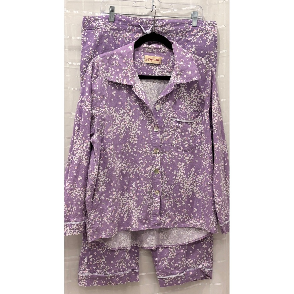 Papinelle Purple Floral Organic‎ Cotton Pajama Set Long Sleeve Button Down Large